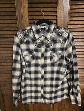 Stetson Studded Black and Cream Plaid Western Shirt